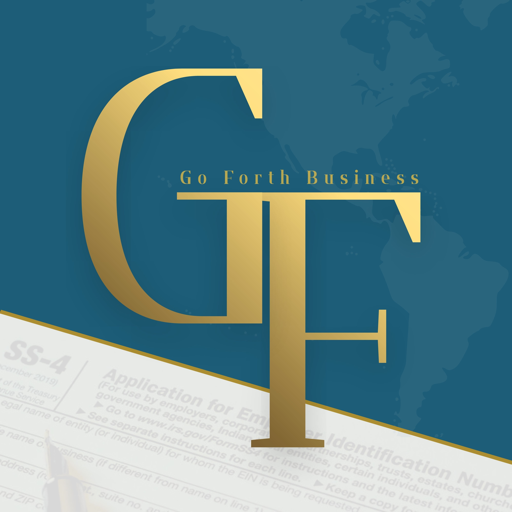 Logo Go Forth Business Solutions — monograma GF dourado sobre azul