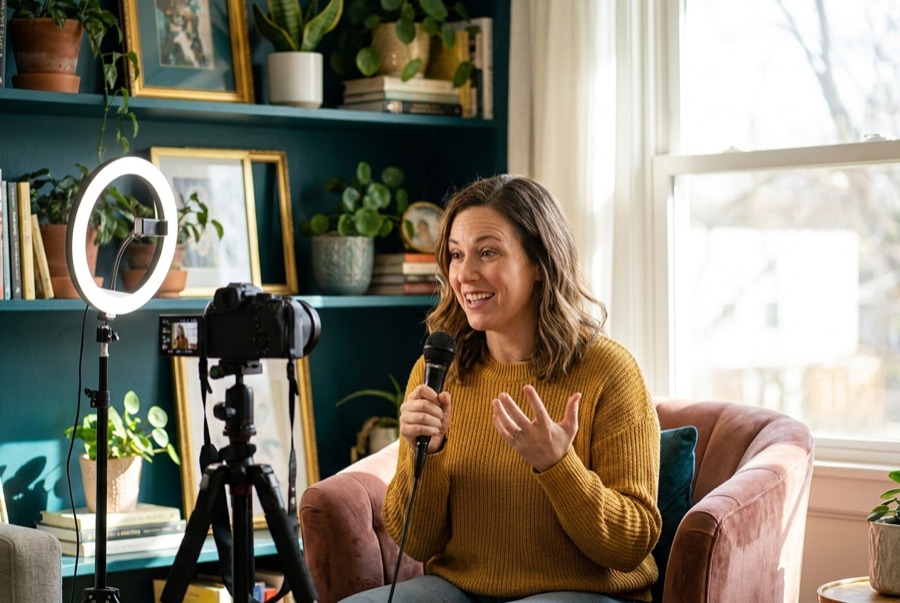 Criadora de conteúdo gravando vídeo em estúdio caseiro iluminado