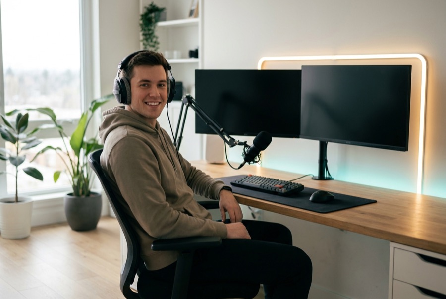 Streamer sorrindo em setup de jogos em quarto claro e organizado