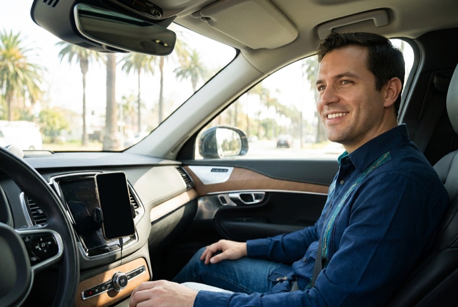 Motorista de aplicativo sorrindo ao volante de carro moderno